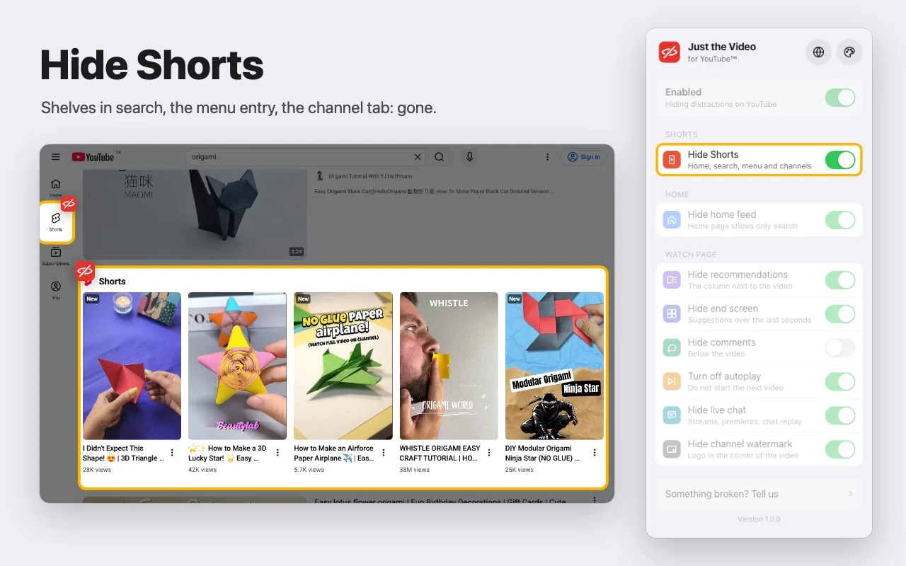 YouTube search results with the Shorts row and the Shorts menu entry marked as hidden, next to the Just the Video settings window with Hide Shorts turned on