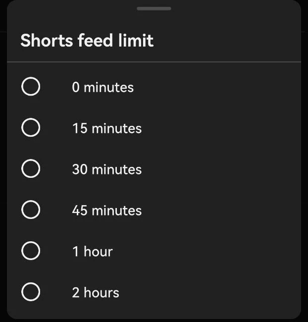 The Shorts feed limit menu in the YouTube app: 0, 15, 30 or 45 minutes, 1 hour or 2 hours